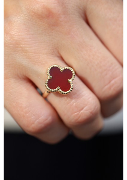 14 Ayar Altın Akik Taş Detaylı Yonca Yüzük modelleri