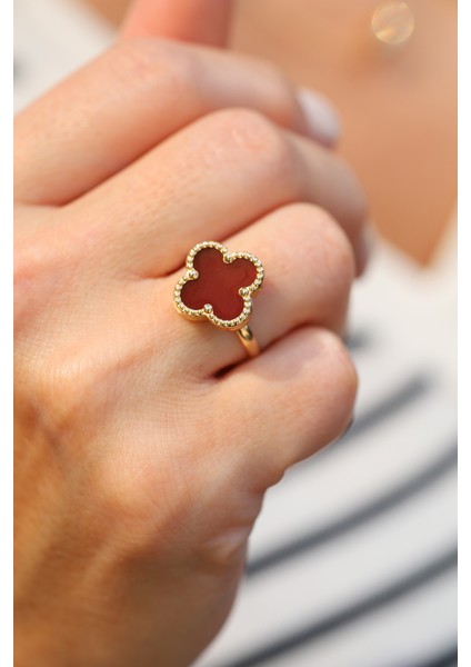 14 Ayar Altın Akik Taş Detaylı Yonca Yüzük indirimleri