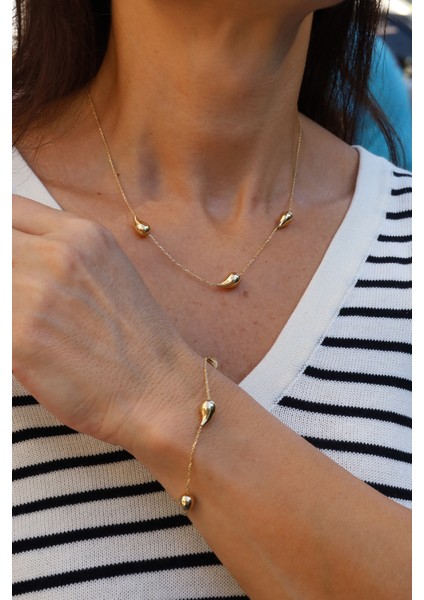 14 Ayar Altın Göz Yaşı Damla Detaylı Ince Zincir Set fiyatları