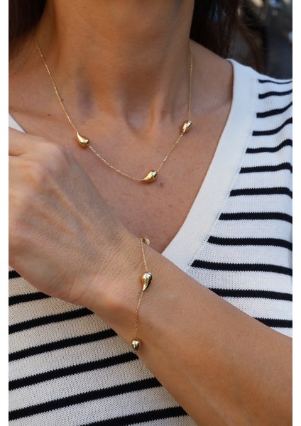 14 Ayar Altın Göz Yaşı Damla Detaylı Ince Zincir Set modelleri