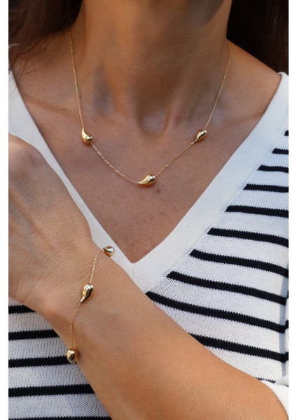 14 Ayar Altın Göz Yaşı Damla Detaylı Ince Zincir Set indirimleri