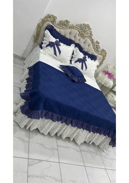 Çift Kişilik 180X200 cm Yatağa Uygun Fırfırlı Etekli Lastikli Çarşaf, Fırfırlı Yastık Kılıfı ve Fırfırlı Pike Setiiçift