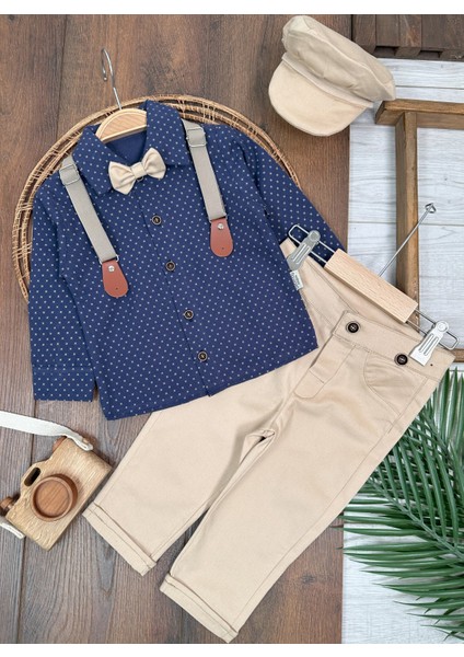 Askılı Şapkalı Papyonlu Gabardin Pantolon Keten Gömlek 5li Erkek Bebek Takım