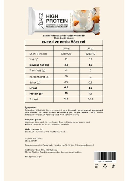 Yüksek Proteinli Bar Badem &hindistan Cevizi 35 G ( 8 Adet ) modelleri