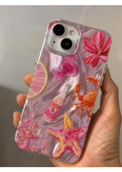 iPhone 13/14/15 Kılıf Hologramlı Pembe Yengeç Mercan Desenli Darbe Emici Kamera Korumalı Silikon