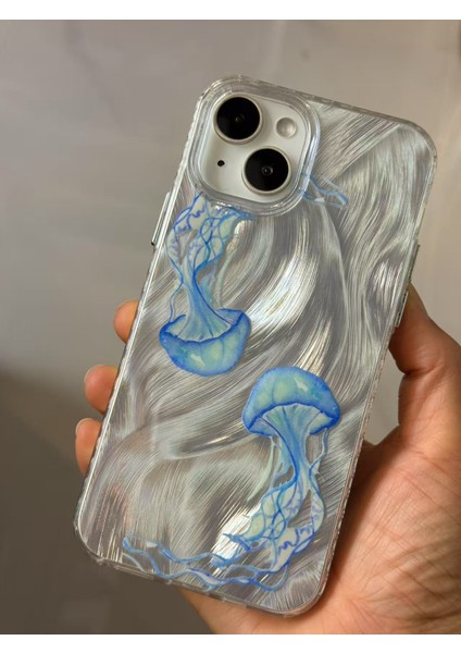 iPhone 13/14/15 Kılıf Hologramlı Mavi Deniz Anası Desenli Darbe Emici Kamera Korumalı Silikon