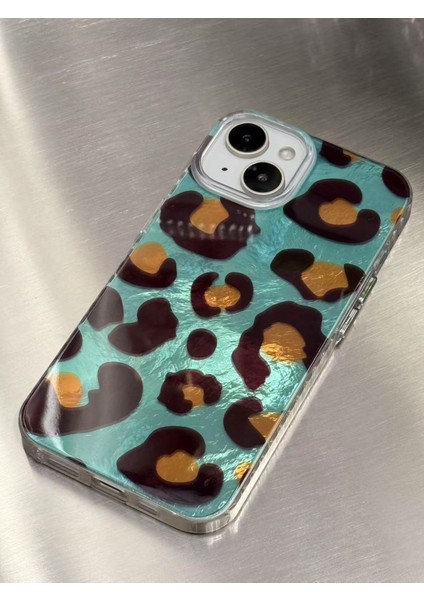 iPhone 13/14/15 Kılıf Hologramlı Mavi Leopar Desenli Darbe Emici Kamera Korumalı Silikon