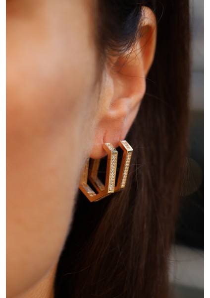 14 Ayar Altın Taş Detaylı Tasarım Altıgen Küpe