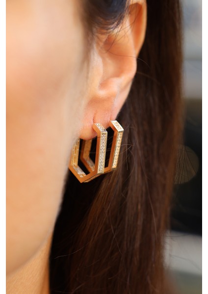 14 Ayar Altın Taş Detaylı Tasarım Altıgen Küpe fiyatları