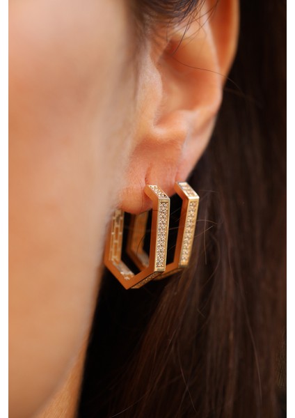 14 Ayar Altın Taş Detaylı Tasarım Altıgen Küpe modelleri