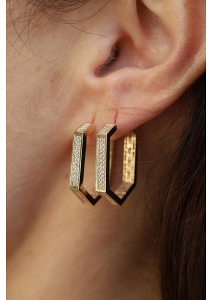 14 Ayar Altın Taş Detaylı Tasarım Altıgen Küpe indirimleri