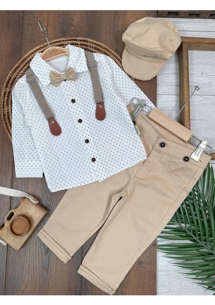 Askılı Şapkalı Papyonlu Gabardin Pantolon Keten Gömlek 5li Erkek Bebek Takım