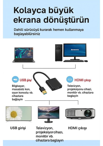 USB 3.0’dan Hdmı’a Dönüştürücü Adaptör – 1080P Full Hd, Yüksek Hızlı 5gbps Veri Aktarımı, Aynalama & Genişletme Modu, Windows & Mac Os Uyumlu HD08 modelleri