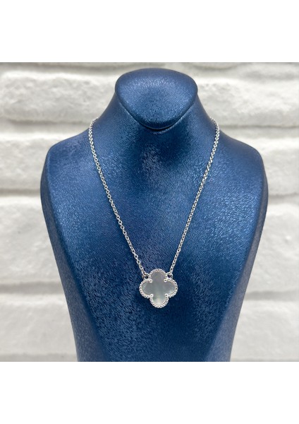 925 Ayar Gümüş Ay Taşlı Yonca Modeli Lüks Kadın Kolye