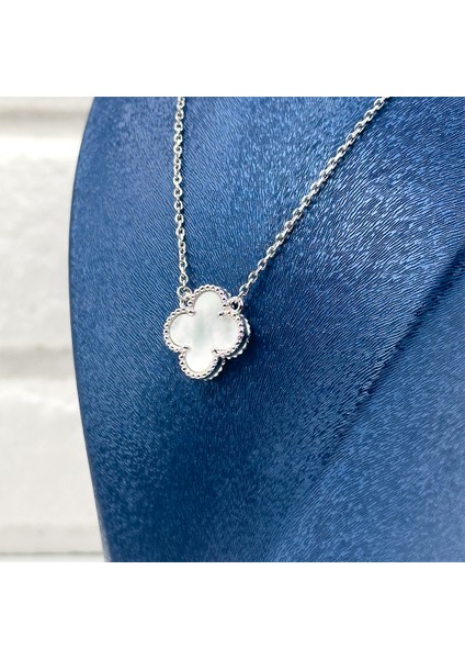 925 Ayar Gümüş Ay Taşlı Yonca Modeli Lüks Kadın Kolye