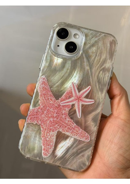 iPhone 13/14/15 Kılıf Hologramlı Pembe Deniz Yıldızı Desenli Darbe Emici Kamera Korumalı Silikon