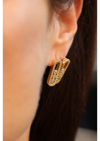 14 Ayar Altın Üç Taş Detaylı Tasarım Küpe