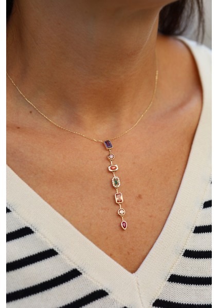 14 Ayar Altın Renkli ve Asimetrik Taş Detaylı Sarkıt Uçlu Kolye fiyatları