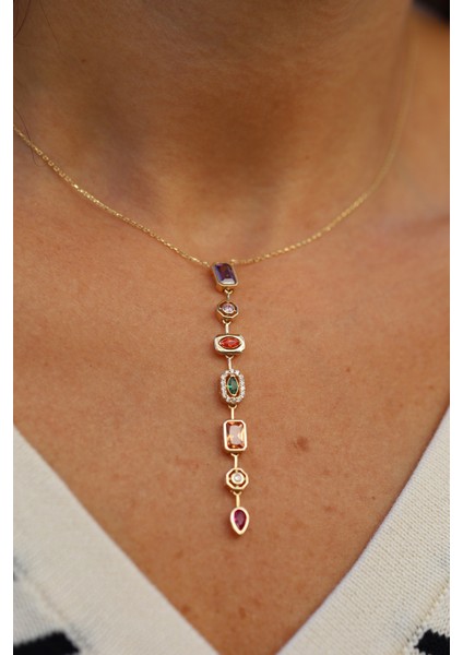 14 Ayar Altın Renkli ve Asimetrik Taş Detaylı Sarkıt Uçlu Kolye fırsatları