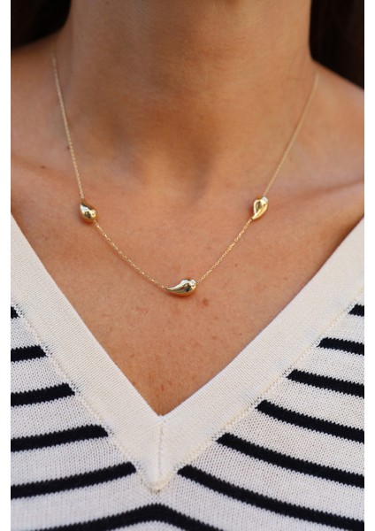 14 Ayar Altın Göz Yaşı Damla Detaylı Ince Zincir Kolye