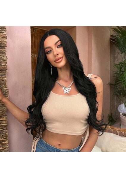 Uzun Siyah Su Dalgalı Tül Peruk modelleri