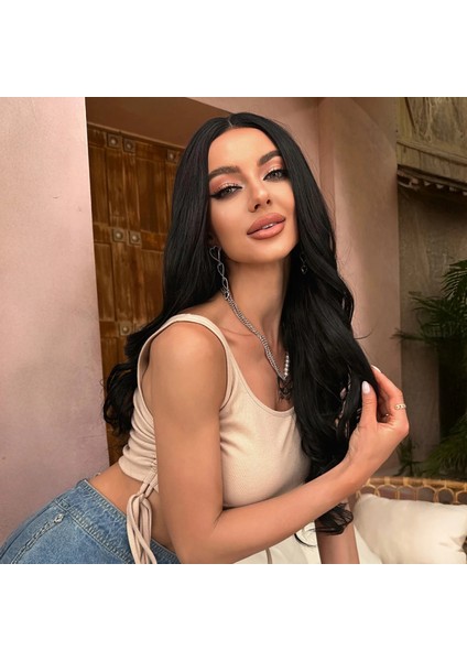 Uzun Siyah Su Dalgalı Tül Peruk fırsatları