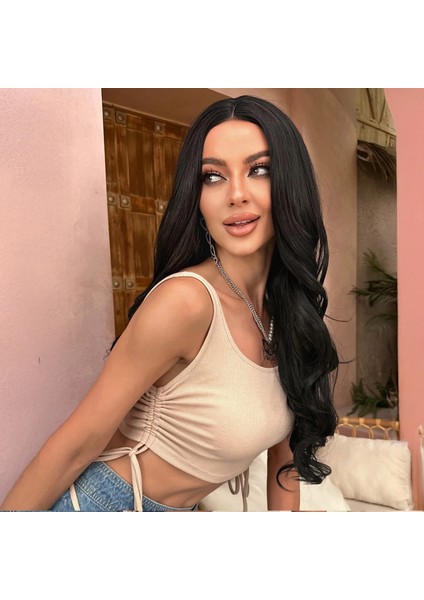 Uzun Siyah Su Dalgalı Tül Peruk indirimleri