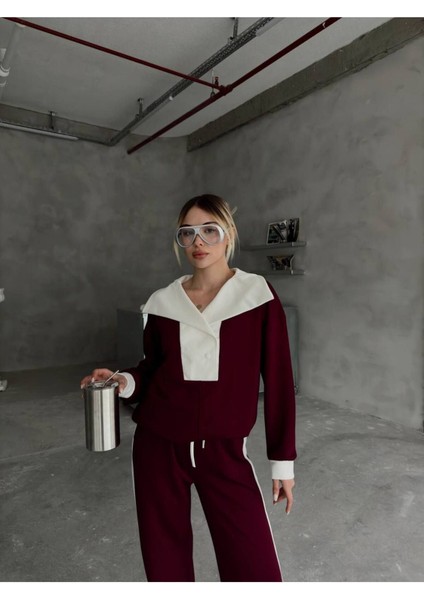 Devrik Yaka Düğmeli Şerit Detaylı Geniş Paçalı Modal Kumaş Eşofman Takım