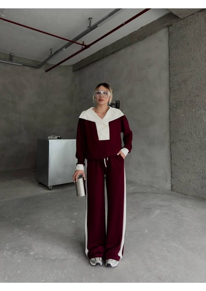 Devrik Yaka Düğmeli Şerit Detaylı Geniş Paçalı Modal Kumaş Eşofman Takım modelleri