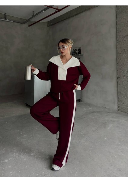 Devrik Yaka Düğmeli Şerit Detaylı Geniş Paçalı Modal Kumaş Eşofman Takım indirimleri