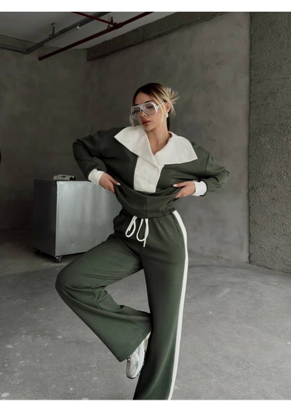 Devrik Yaka Düğmeli Şerit Detaylı Geniş Paçalı Modal Kumaş Eşofman Takım