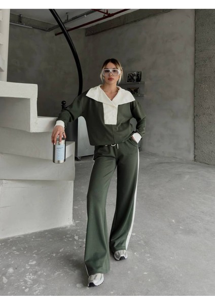 Devrik Yaka Düğmeli Şerit Detaylı Geniş Paçalı Modal Kumaş Eşofman Takım modelleri