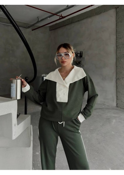 Devrik Yaka Düğmeli Şerit Detaylı Geniş Paçalı Modal Kumaş Eşofman Takım indirimleri