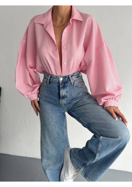 Balon Kol Oversize Çizgili Gömlek