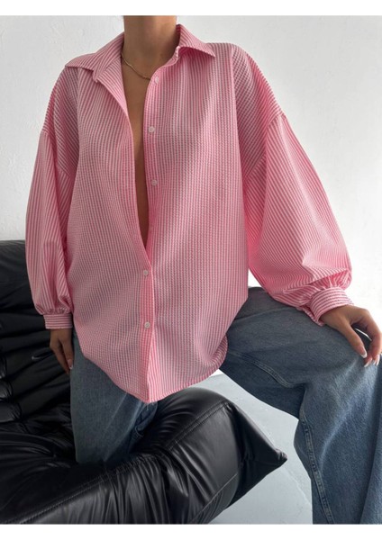 Balon Kol Oversize Çizgili Gömlek modelleri