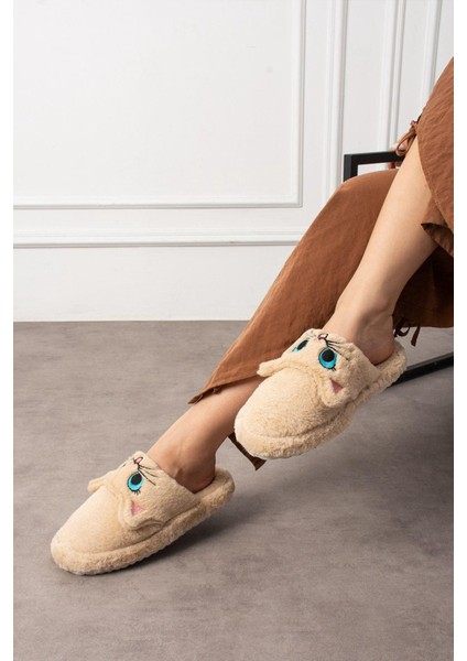 My Kedi Nakışlı Kadın Ev Terliği Peluş Terlik Çeyiz ve Bohça Terliği Ses Yapmaz Kalın Taban modelleri