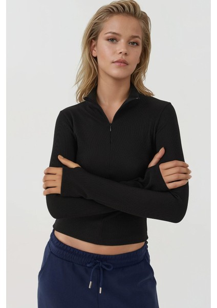 Kadın Fermuarlı Uzun Kollu Polo Aktif Üst Siyah