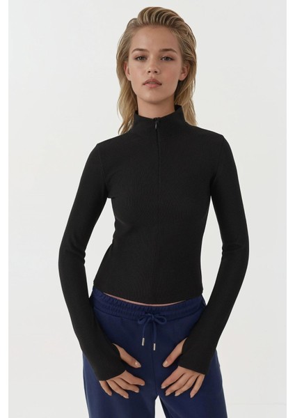 Kadın Fermuarlı Uzun Kollu Polo Aktif Üst Siyah indirimleri