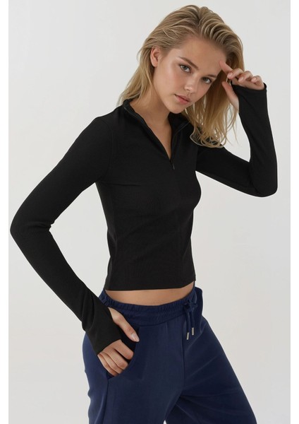 Kadın Fermuarlı Uzun Kollu Polo Aktif Üst Siyah