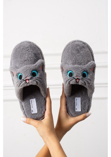 My Kedi Nakışlı Kadın Ev Terliği Peluş Terlik Çeyiz ve Bohça Terliği Ses Yapmaz Kalın Taban