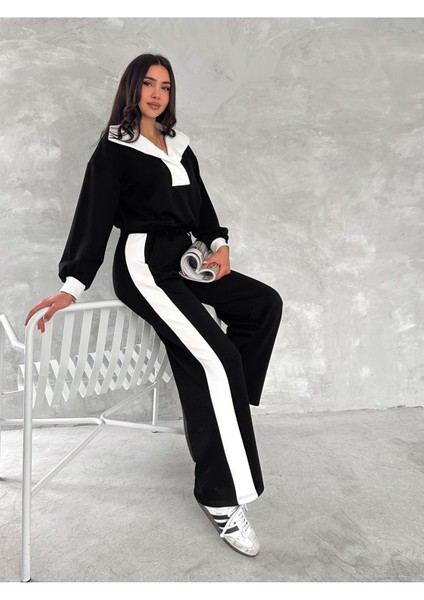 Devrik Yaka Garnili Geniş Şeritli Yumuşak Doku Modal Kumaş Eşofman Takım