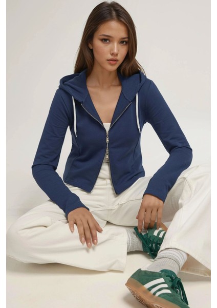 Kadın Kapüşonlu Fermuarlı Sweatshirt Blue