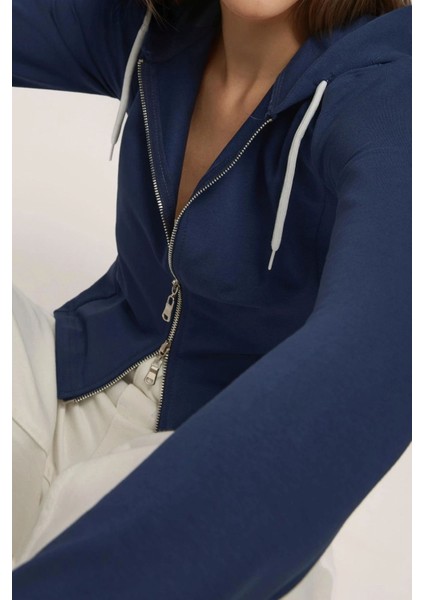 Kadın Kapüşonlu Fermuarlı Sweatshirt Blue