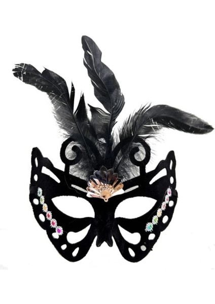 Siyah Süet Tüylü Kelebek Figür Parti Maskesi