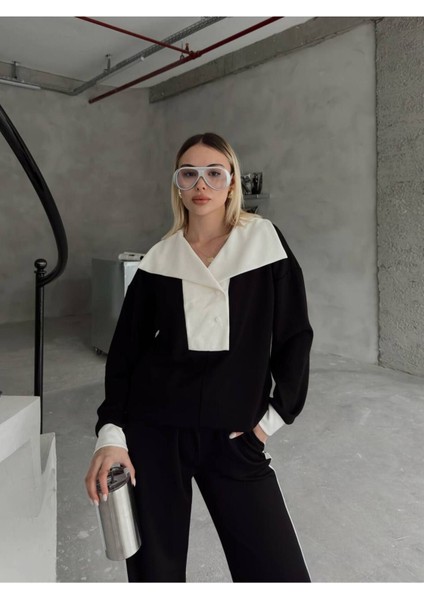 Devrik Yaka Düğmeli Şerit Detaylı Geniş Paçalı Modal Kumaş Eşofman Takım