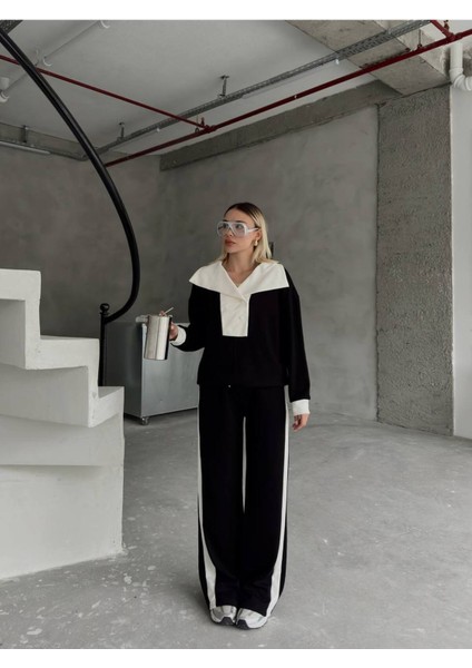 Devrik Yaka Düğmeli Şerit Detaylı Geniş Paçalı Modal Kumaş Eşofman Takım modelleri