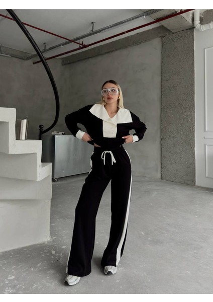 Devrik Yaka Düğmeli Şerit Detaylı Geniş Paçalı Modal Kumaş Eşofman Takım indirimleri