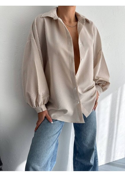 Balon Kol Oversize Çizgili Gömlek