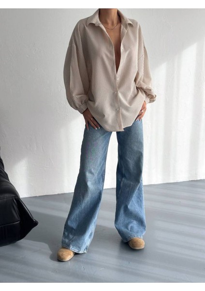 Balon Kol Oversize Çizgili Gömlek modelleri