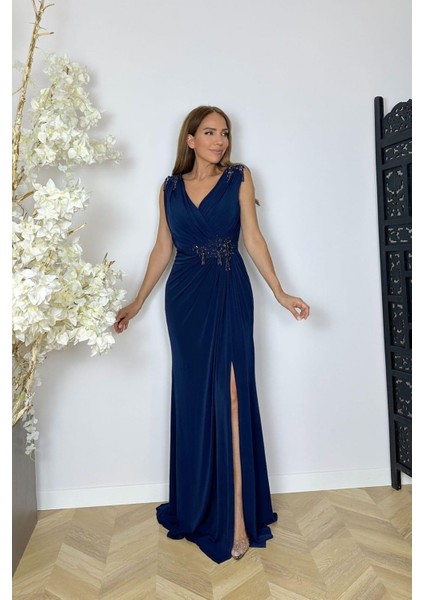 G1542 Dantel Detay Boncuk Işlemeli Abiye Elbise Lacivert